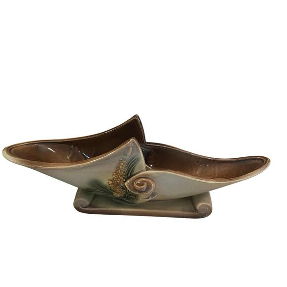 Vintage Hull Parchment & Pine Console Bowl Planter Green Brown Embossed Scroll - Picture 1 of 10